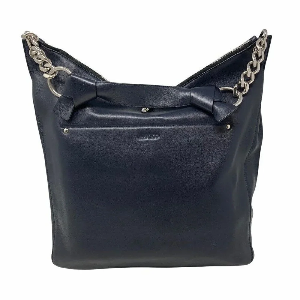 Jimmy Choo Raven Hobo Handbag Purse Black Leather Pocket Double Zipper Chain